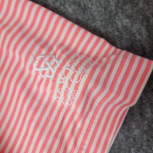 FJ FootJoy Golf Polo Shirt Mens L Large Performance Pink Gray White Striped - Picture 5 of 9